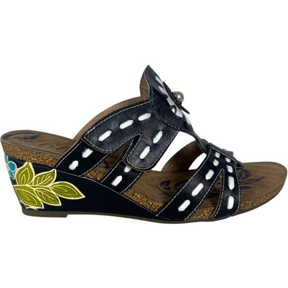 Elite by Corkys Scilly Leather Wedge Slide Sandals Black Floral Women's Size 11 - Picture 2 of 15